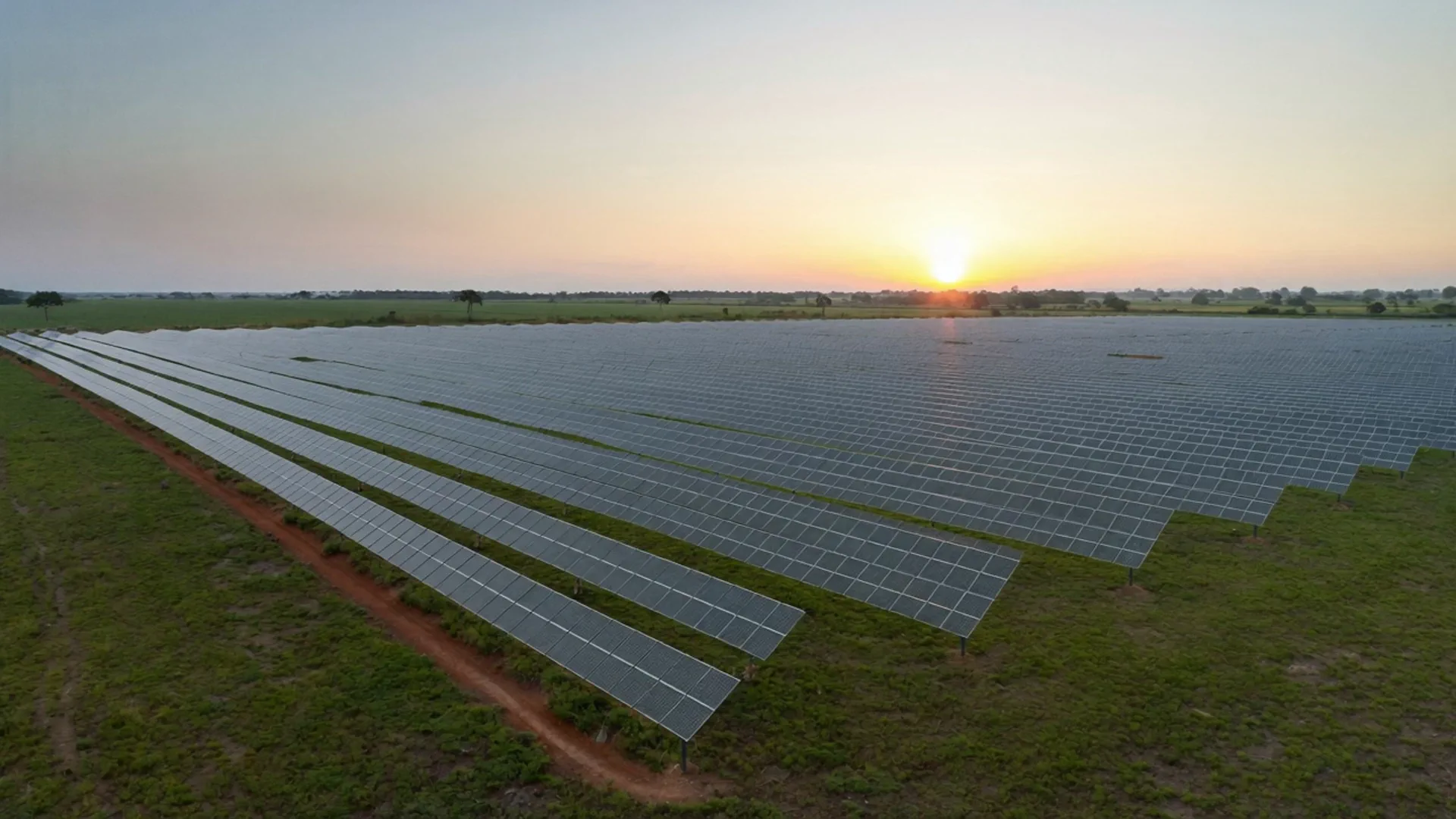 Usina solar de solo de grande porte em um vale do cerrado, minutos antes do nascer do sol, com névoa entre as fileiras de painéis.