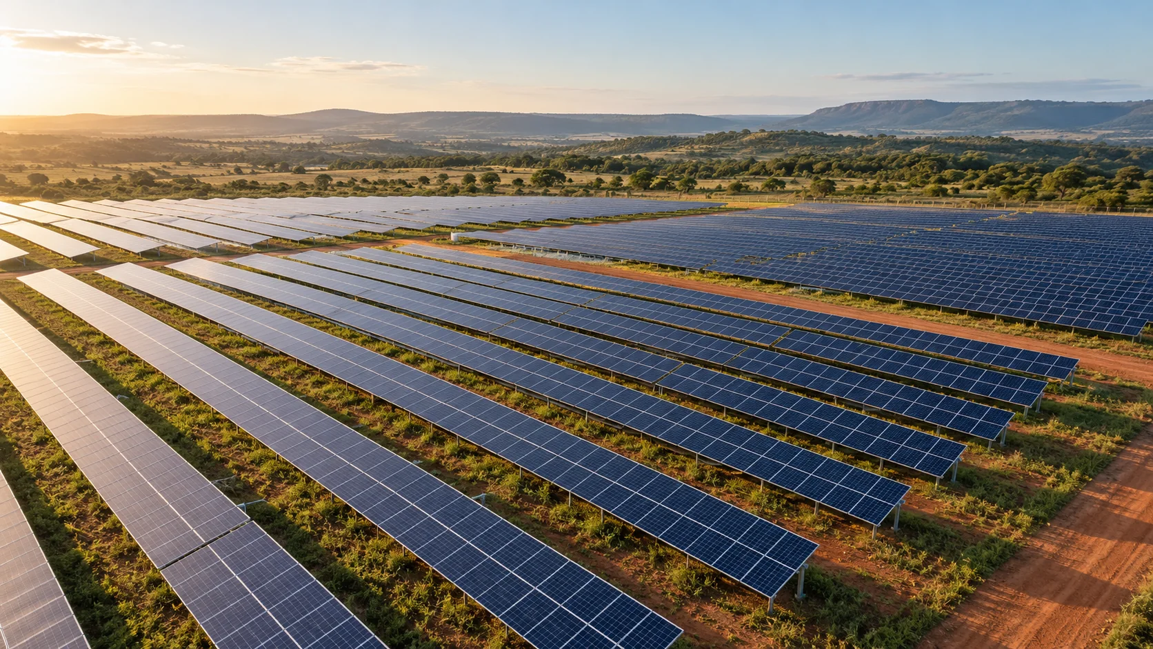 Imagem conceitual de uma usina solar de solo, com fileiras de painéis e terreno visível, vista do alto.