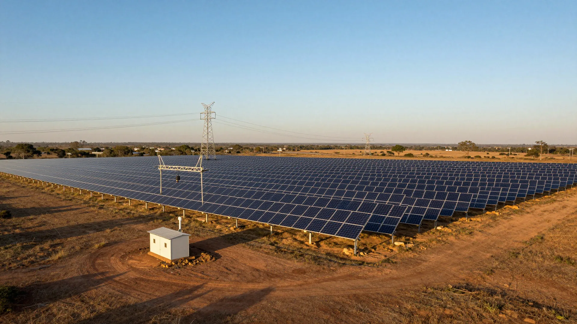 Usina solar de solo em uma tarde limpa, com a subestação na borda do campo de painéis e a linha de transmissão seguindo em direção ao horizonte.